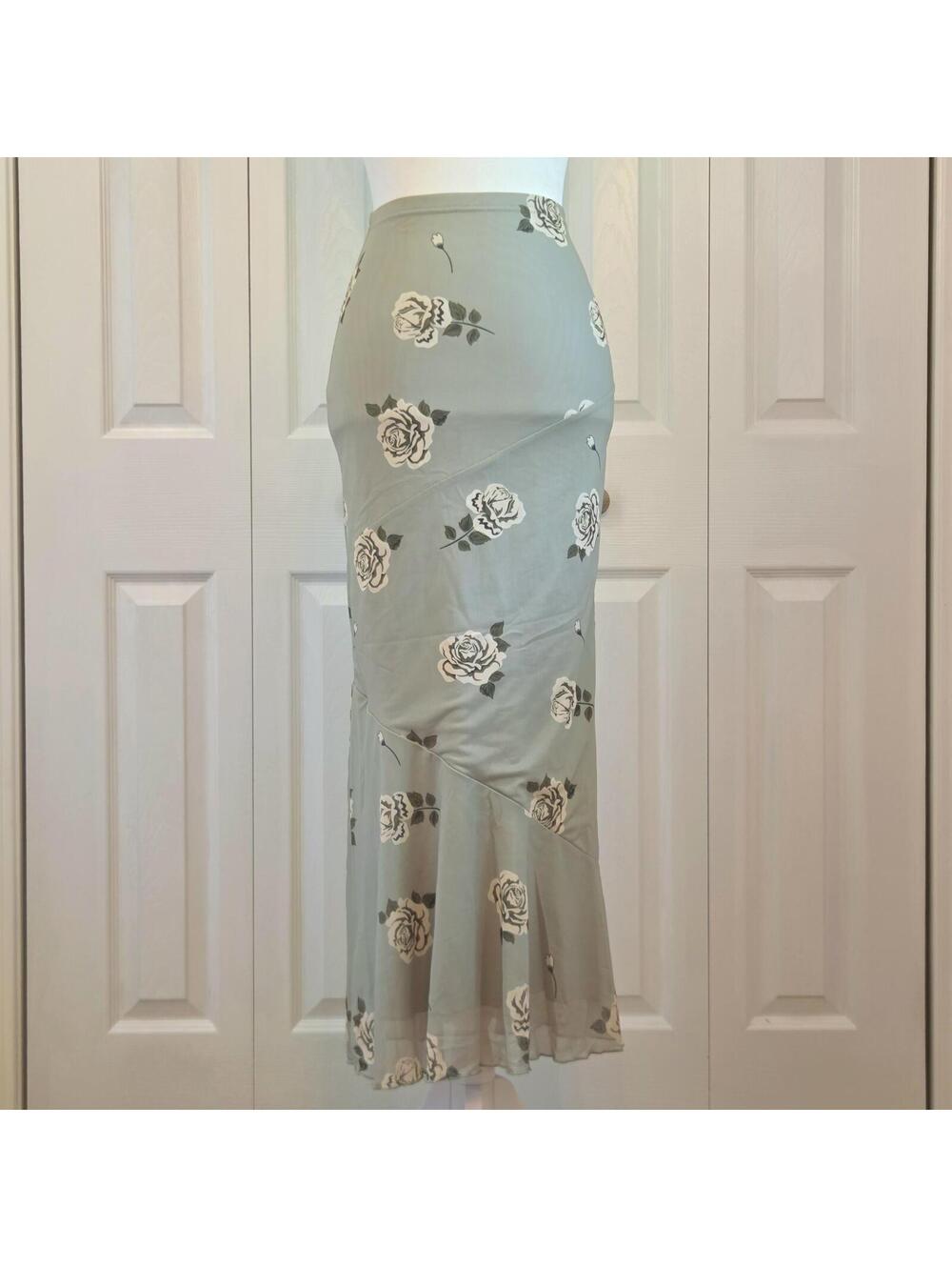 Sage Green Rose Print Floral Mermaid Maxi Skirt Size XXS Y2K Fairy Cottage Mesh
